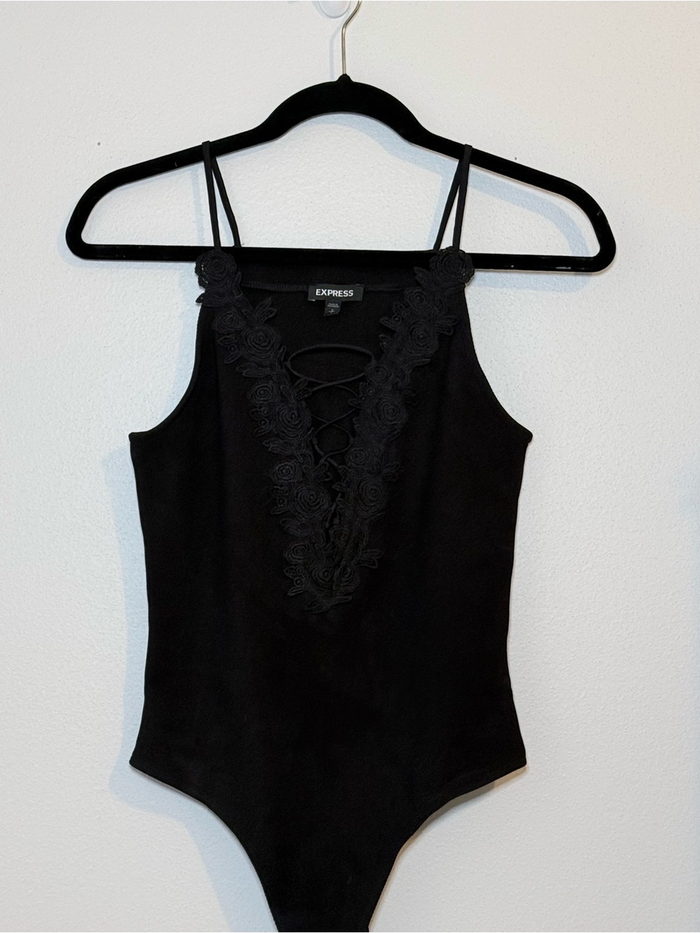 Express Black Lace-Up Floral Trim Bodysuit
